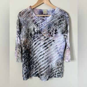 Jess & Jane Ruffle 3/4 Sleeve Purple Brown Gray Print Top Size Medium